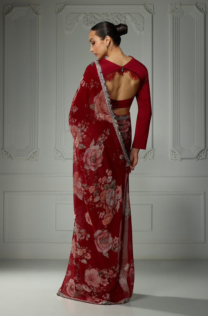 Red Floral Printed Saree Set