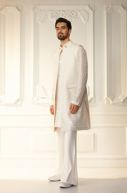 Ivory Threadwork Long Bundi Set