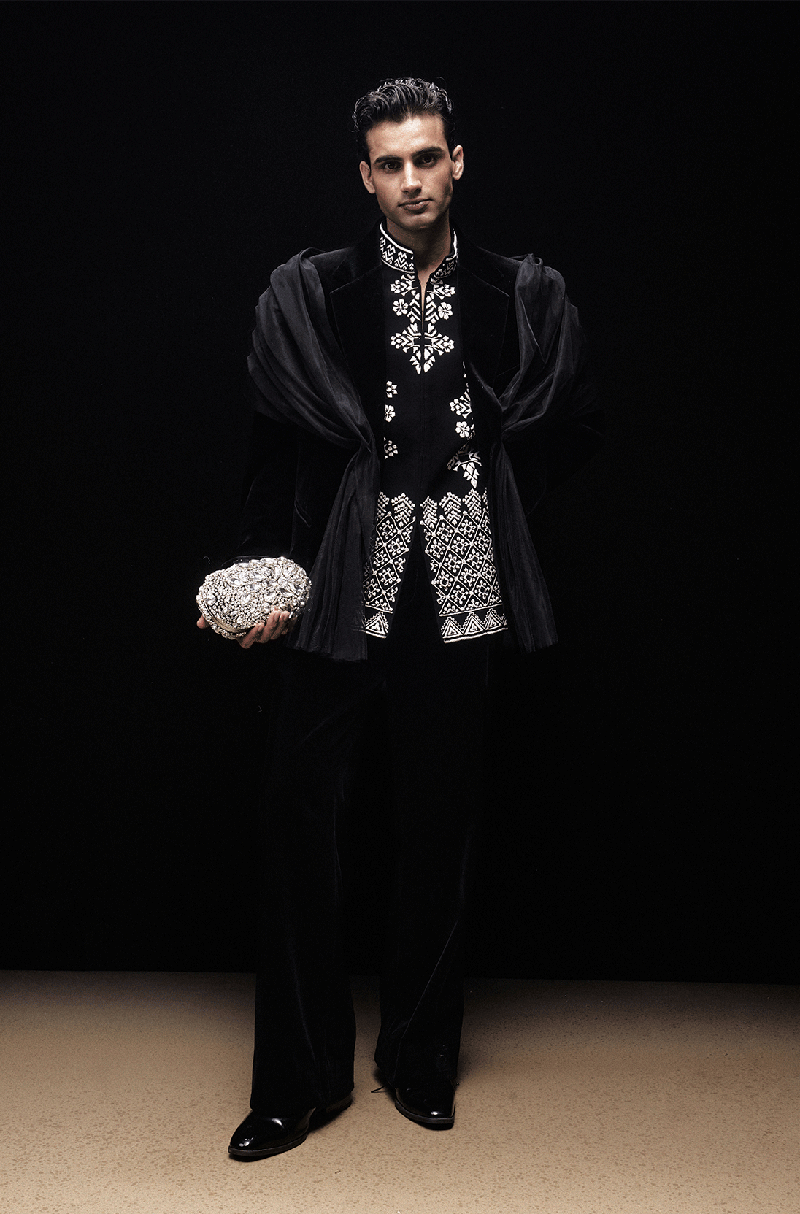 Black Velvet with Tulle Overlay Stylized Jacket Set