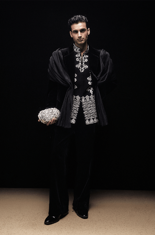 Black Velvet with Tulle Overlay Stylized Jacket Set