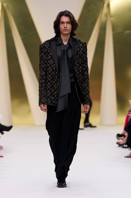 Black & Dull Gold Embroidered Blazer Set