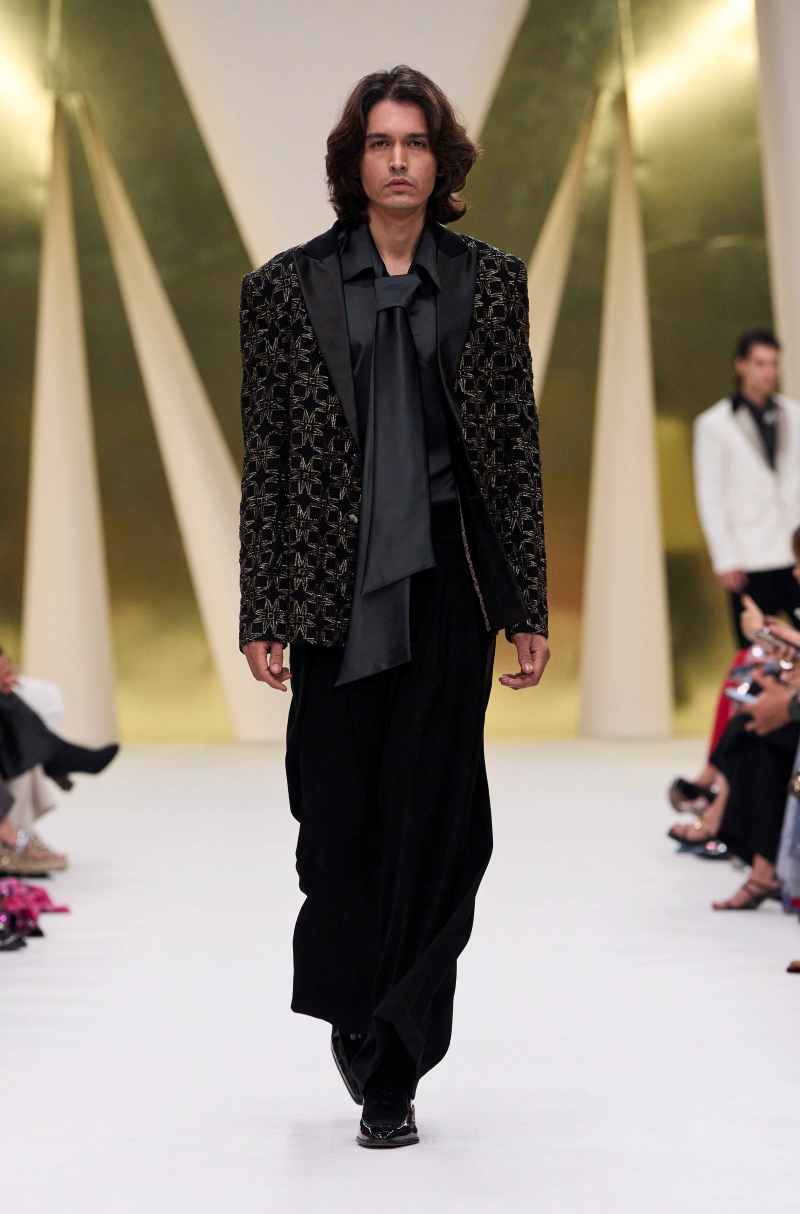 Black & Dull Gold Embroidered Blazer Set