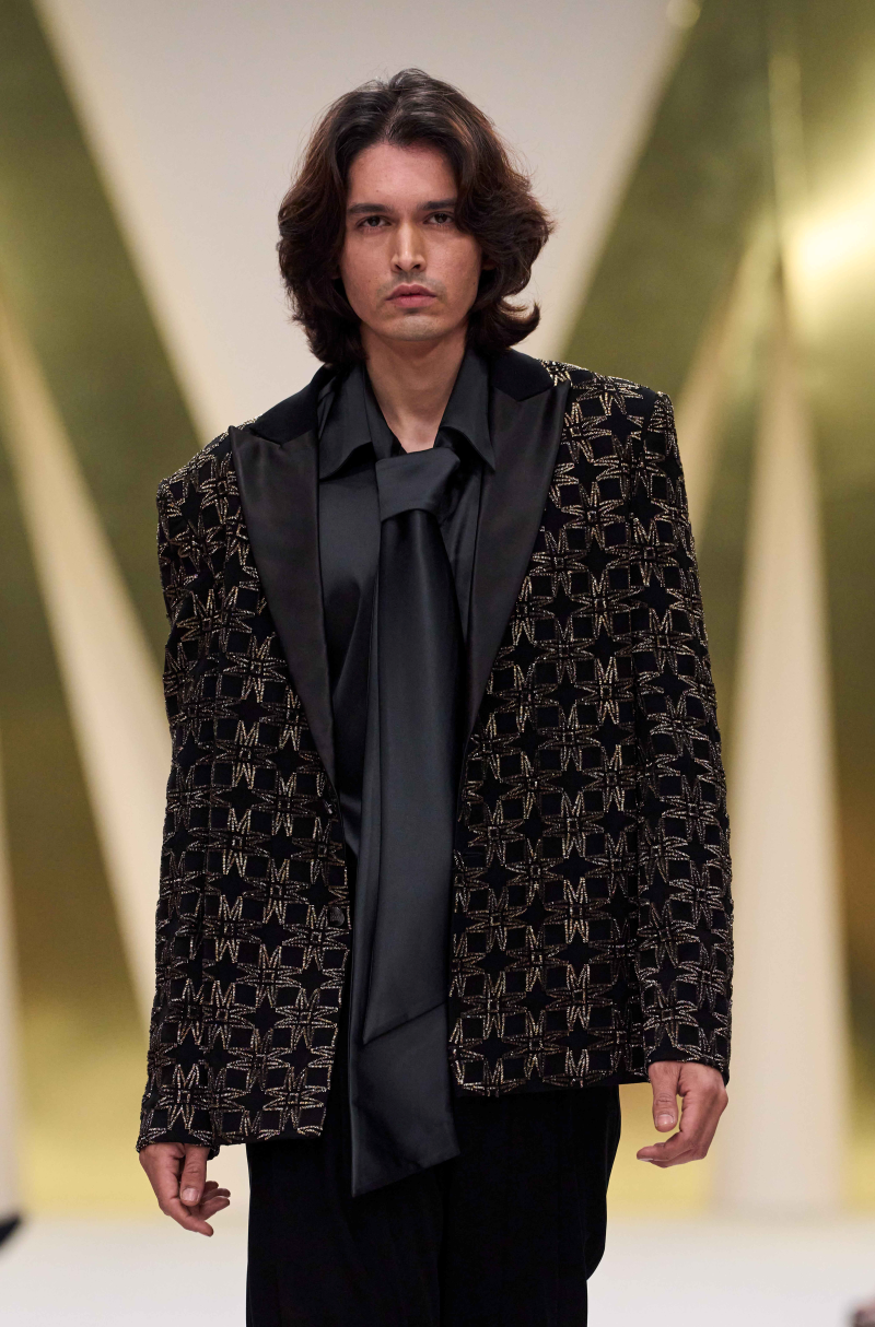 Black & Dull Gold Embroidered Blazer Set