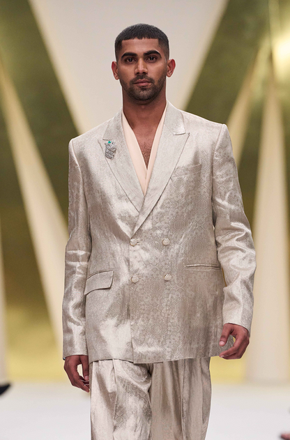 Ivory Brocade Embellished Blazer Set