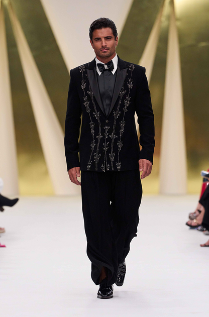 Black Stone Encrusted Italian Crepe Blazer Set