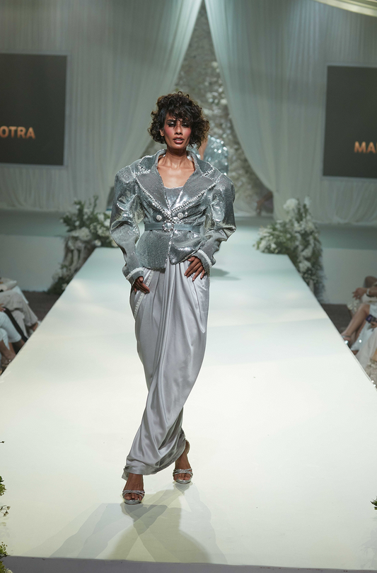 Silver Sequin Jacket Skirt Set