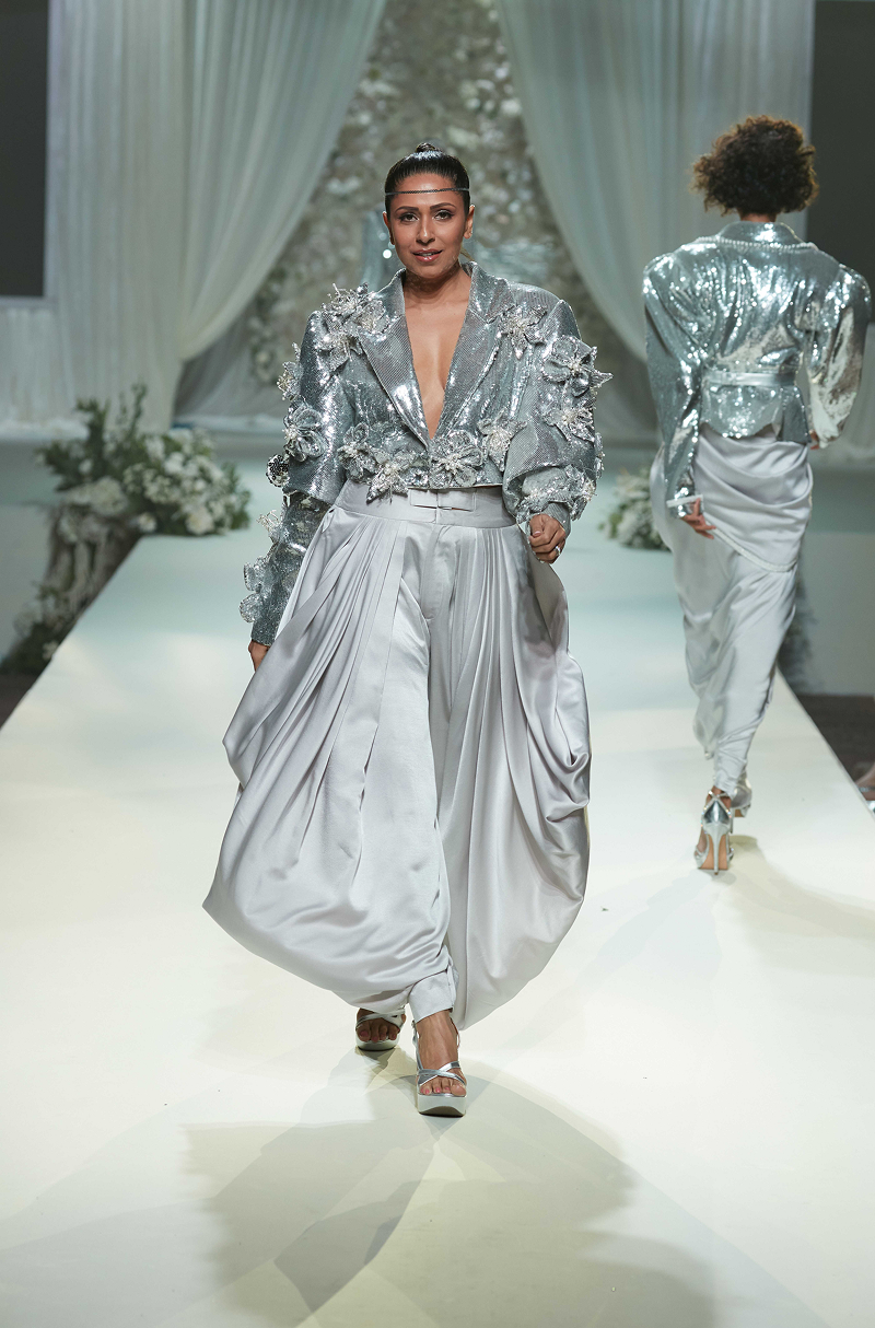 Silver Sequin 3D Floral Short Jacket Pant Set