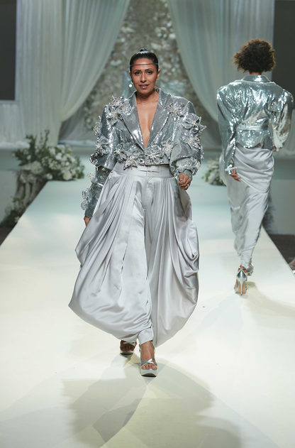 Silver Sequin 3D Floral Short Jacket Pant Set