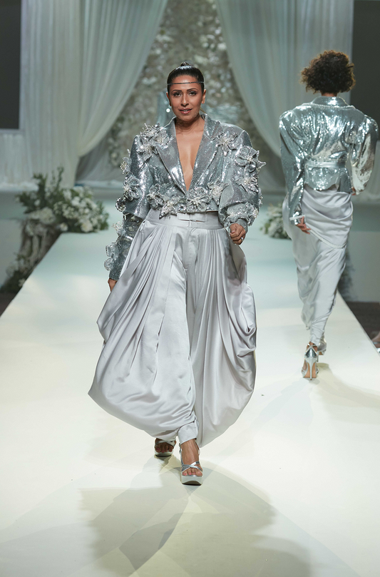 Silver Sequin 3D Floral Short Jacket Pant Set