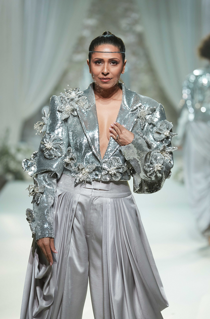 Silver Sequin 3D Floral Short Jacket Pant Set
