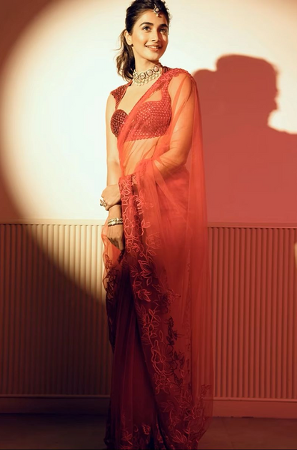 Pooja Hegde in Red Tulle Saree Set