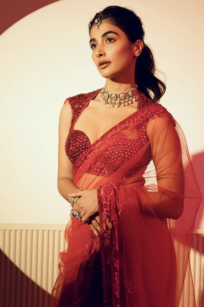 Pooja Hegde in Red Tulle Saree Set