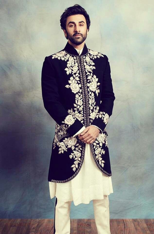 Ranbir Kapoor in our Black Ivory Embroidered Sherwani Set