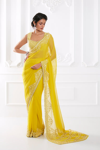 Lime Green Georgette Taban Saree Set