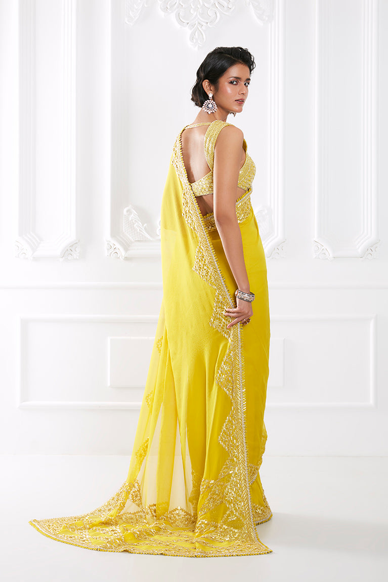 Lime Green Georgette Taban Saree Set