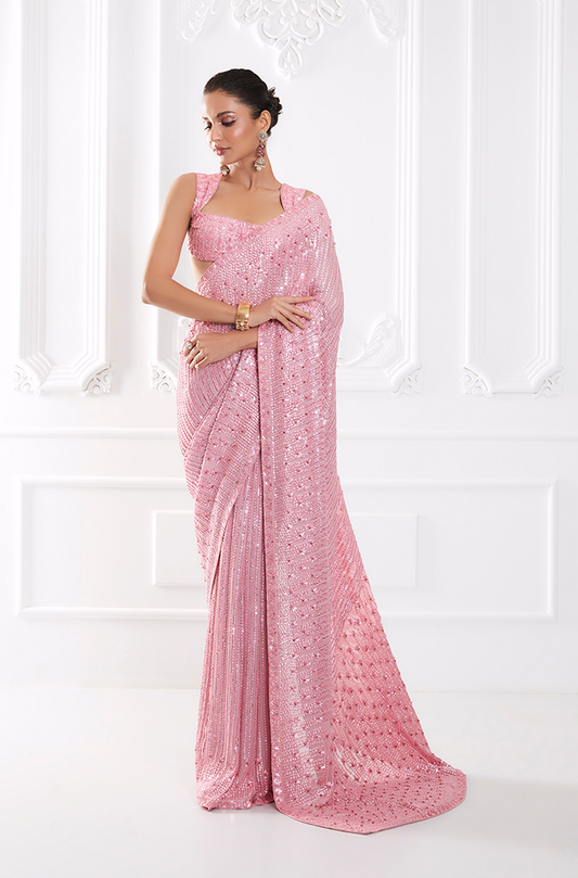 Pink Georgette Embroidered Saree Set