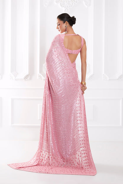 Pink Georgette Embroidered Saree Set