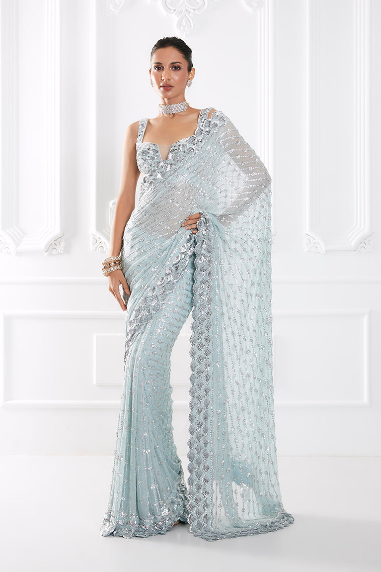 Icy Blue Georgette Sequin Saree Set