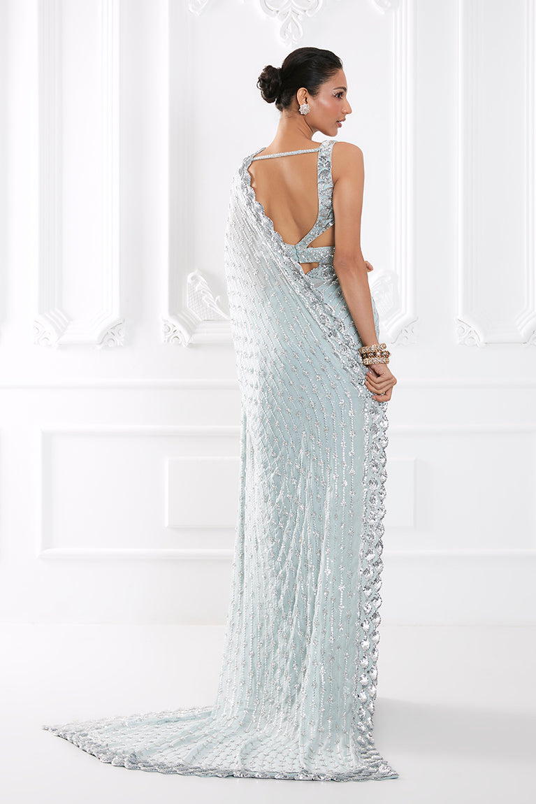 Icy Blue Georgette Sequin Saree Set