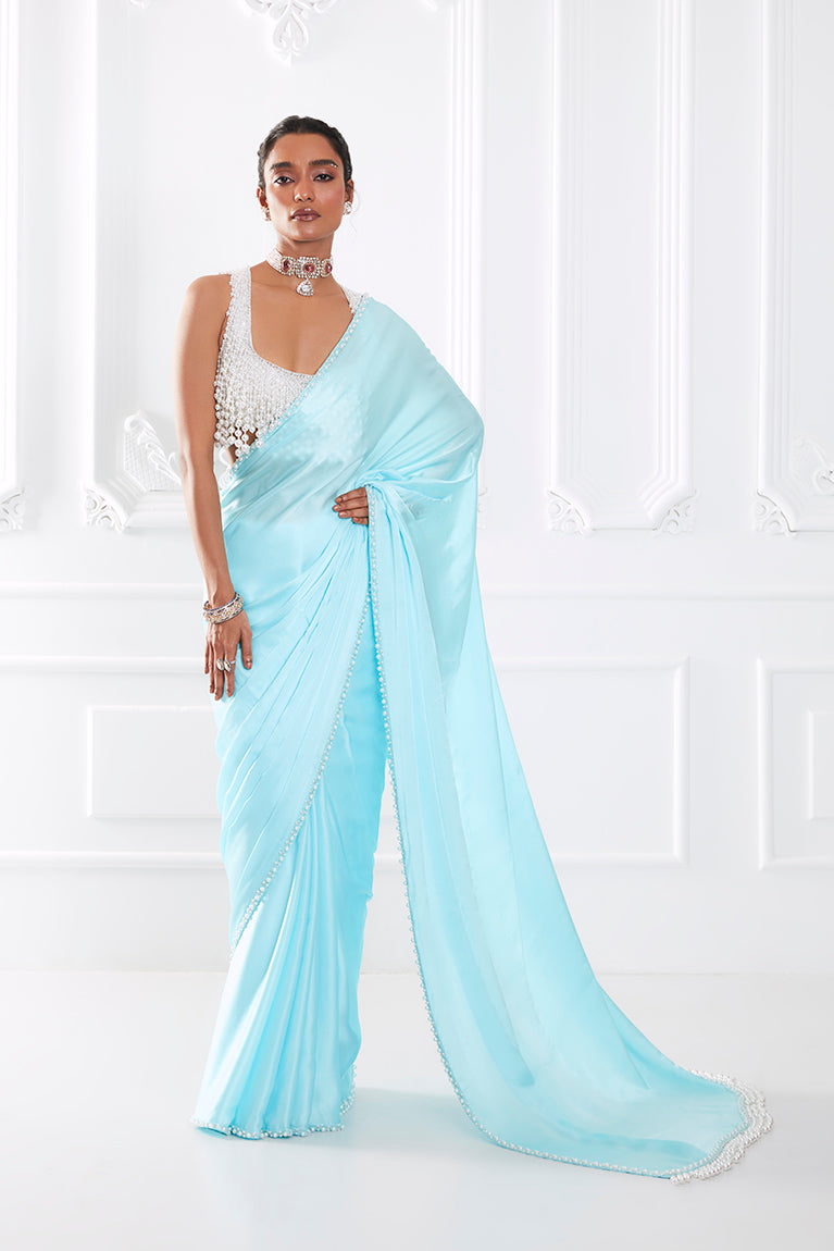 Powder Blue Satin Saree Set