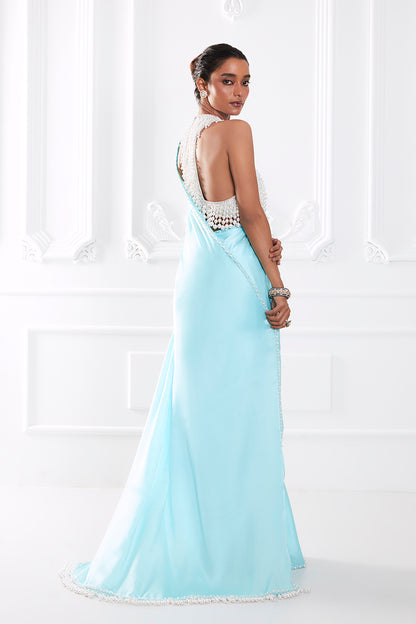 Powder Blue Satin Saree Set