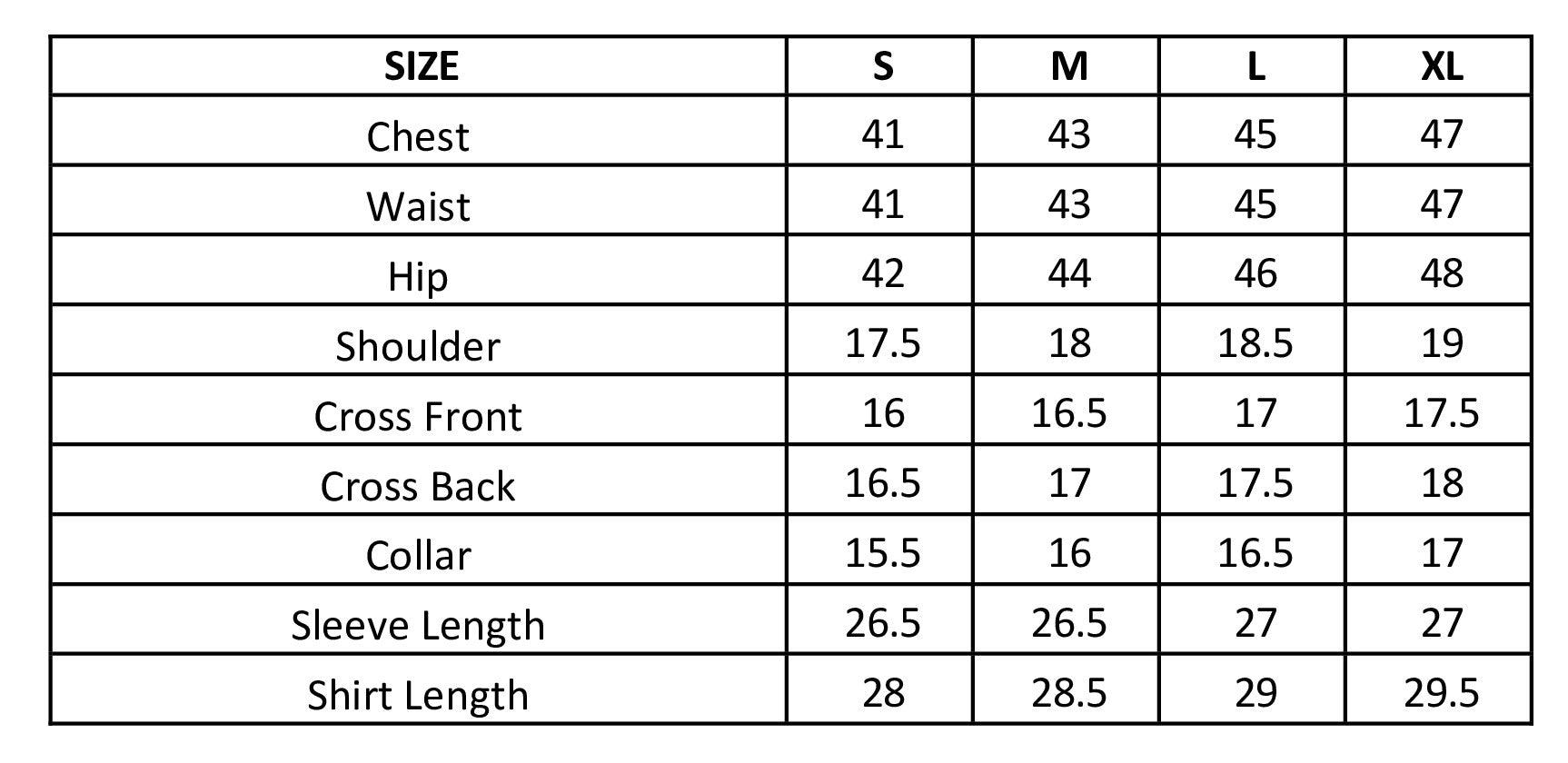 Size chart in inches