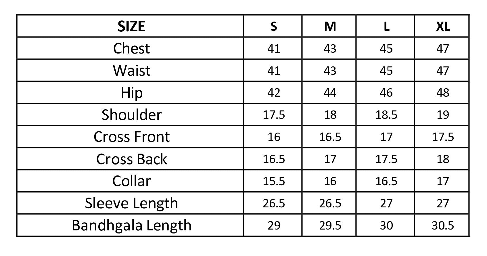 Size chart in inches