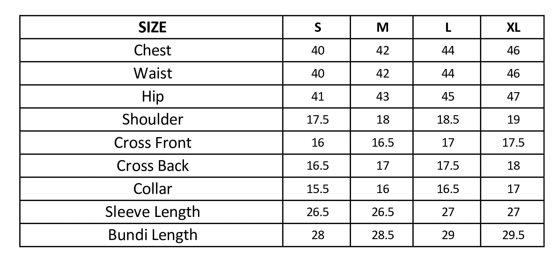 Size chart in inches
