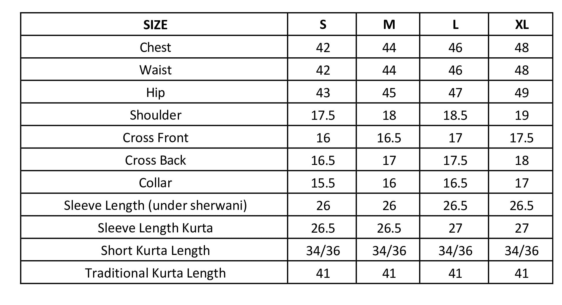 Size chart in inches