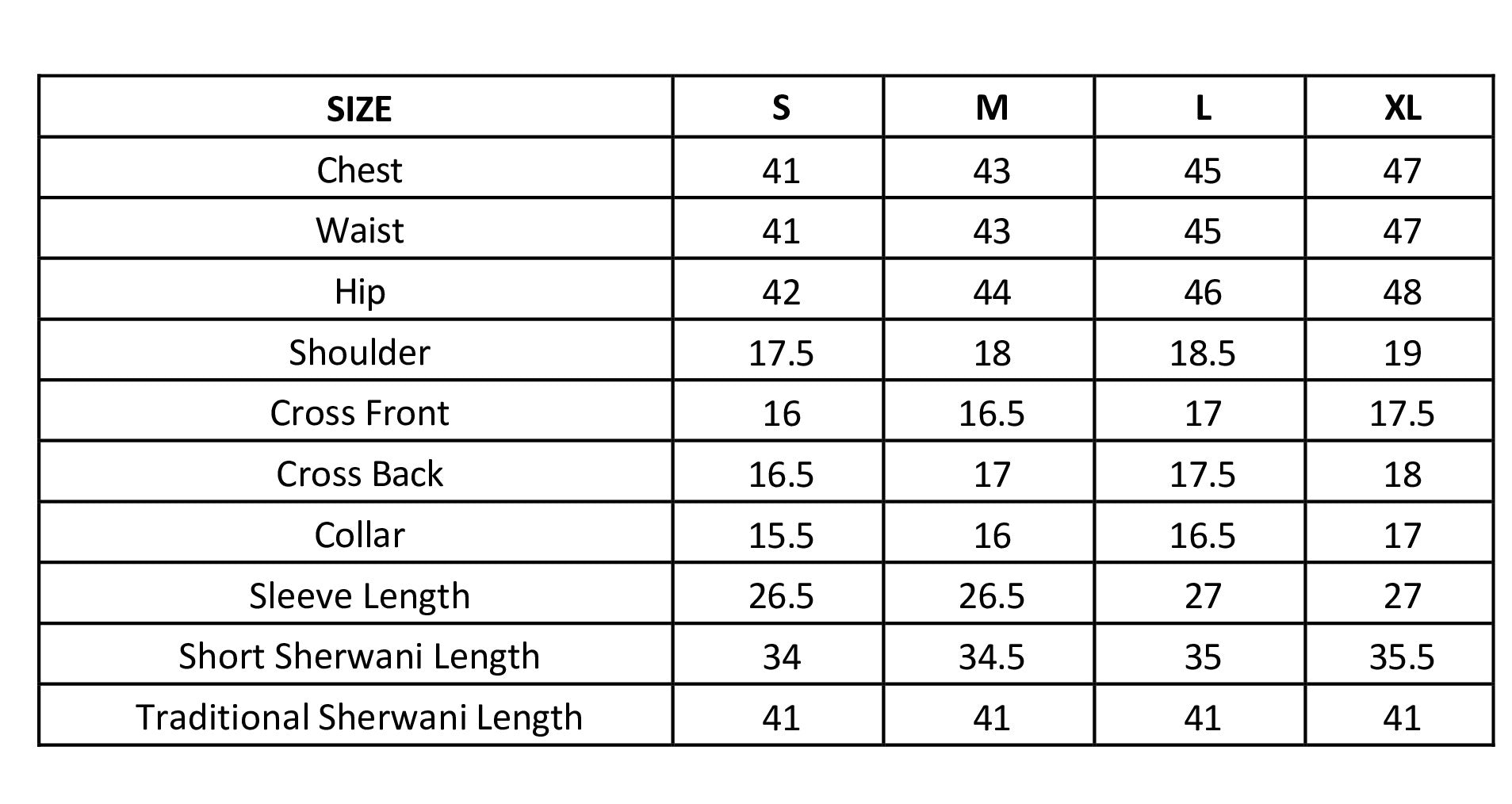 Size chart in inches
