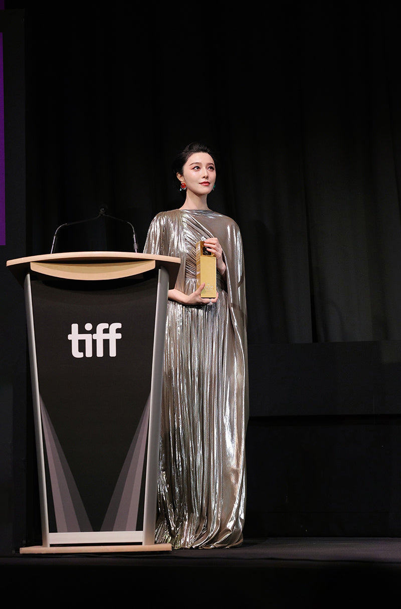Fan Bingbing in our Metallic Gold Chiffon Gown