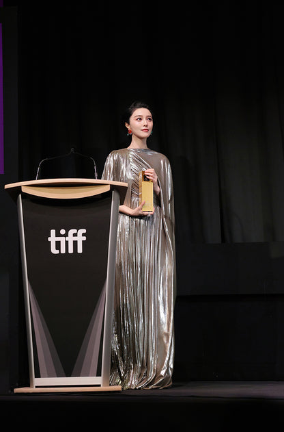 Fan Bingbing in our Metallic Gold Chiffon Gown