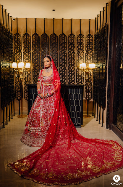 Bride: Nayasa Manchanda in our Bespoke Red Embroidered Lehenga Set