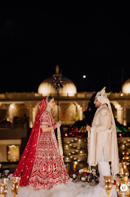 Bride: Nayasa Manchanda in our Bespoke Red Embroidered Lehenga Set