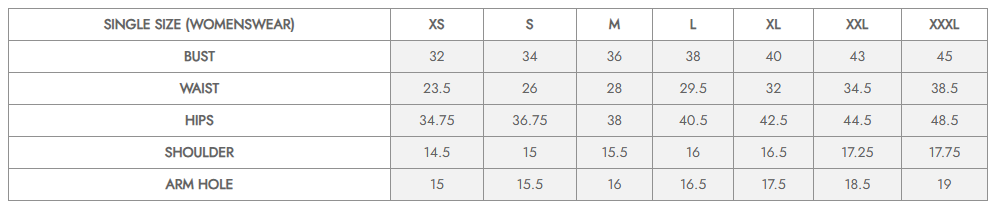 Size chart in inches