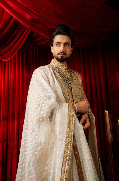 Groom: Faisal Shaikh in our Gold Embroidered Sherwani Set