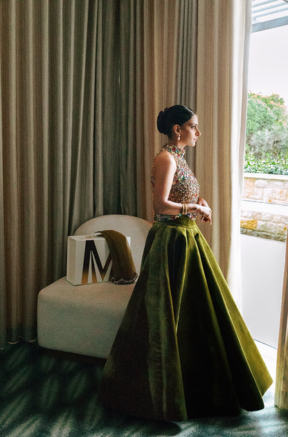 Bride: Radiyah Wazar in our Olive Green Velvet Skirt Set