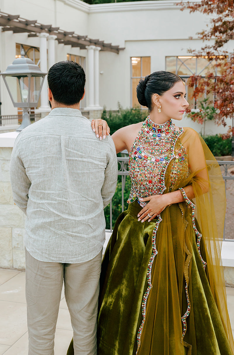 Bride: Radiyah Wazar in our Olive Green Velvet Skirt Set