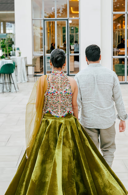 Bride: Radiyah Wazar in our Olive Green Velvet Skirt Set