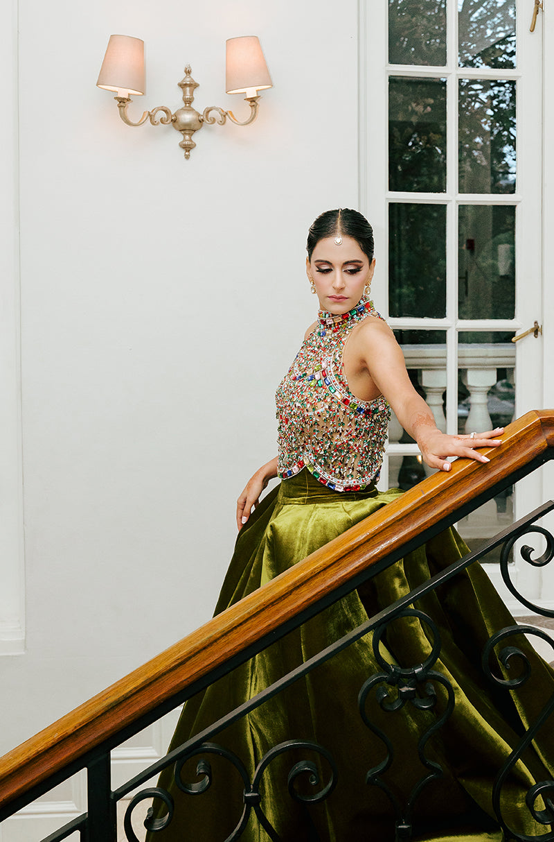 Bride: Radiyah Wazar in our Olive Green Velvet Skirt Set