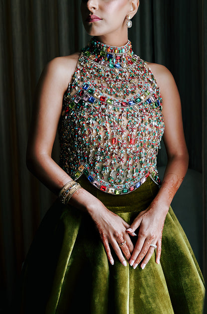 Bride: Radiyah Wazar in our Olive Green Velvet Skirt Set
