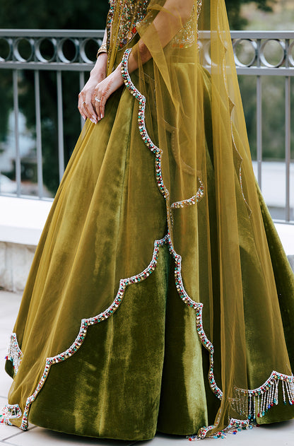 Bride: Radiyah Wazar in our Olive Green Velvet Skirt Set