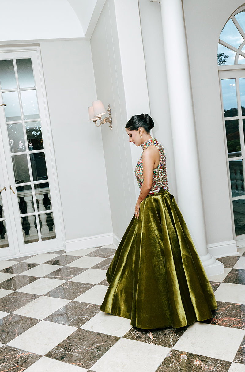 Bride: Radiyah Wazar in our Olive Green Velvet Skirt Set