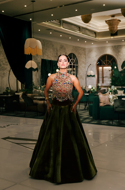 Bride: Radiyah Wazar in our Olive Green Velvet Skirt Set