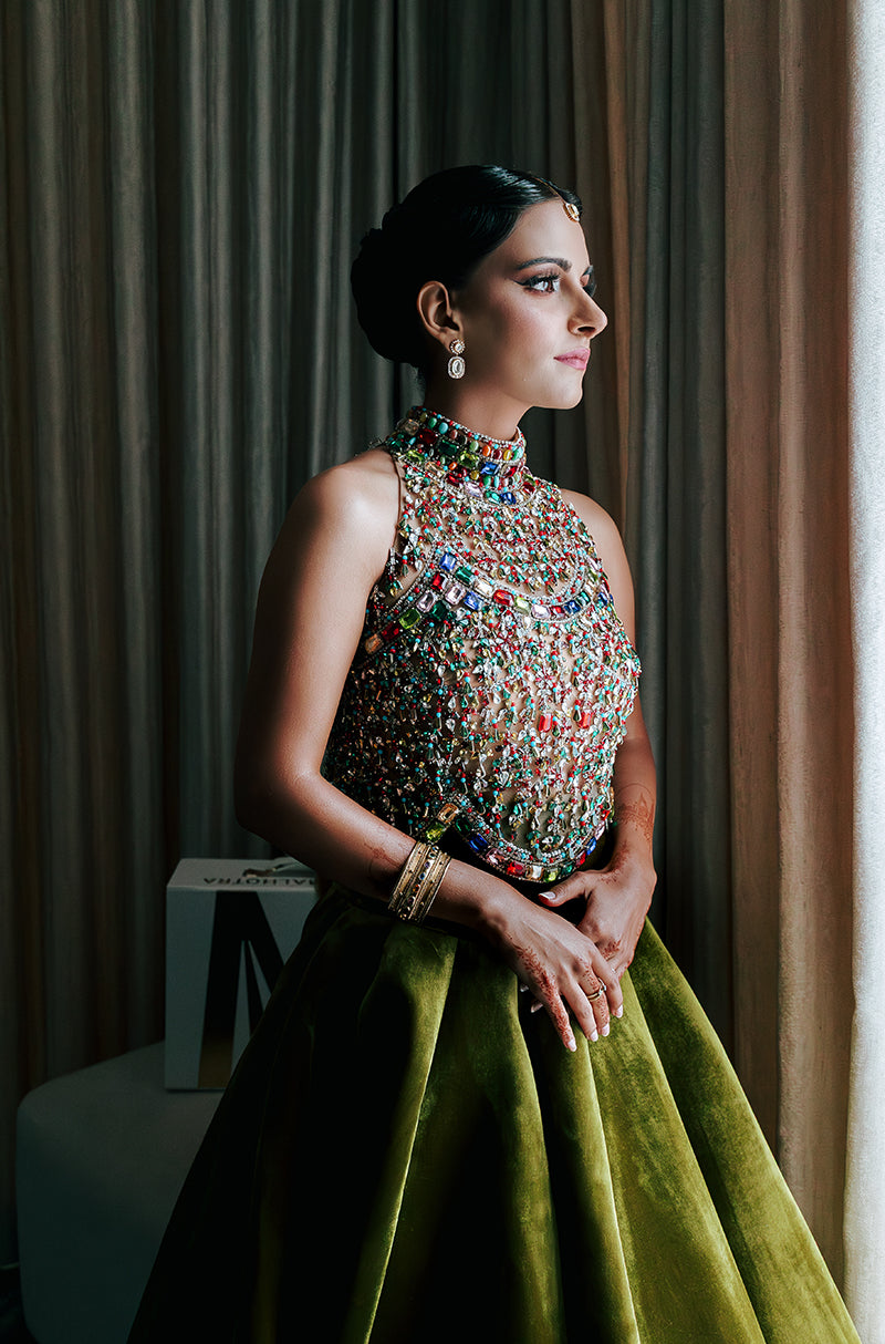 Bride: Radiyah Wazar in our Olive Green Velvet Skirt Set