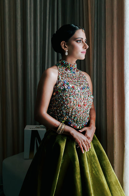 Bride: Radiyah Wazar in our Olive Green Velvet Skirt Set