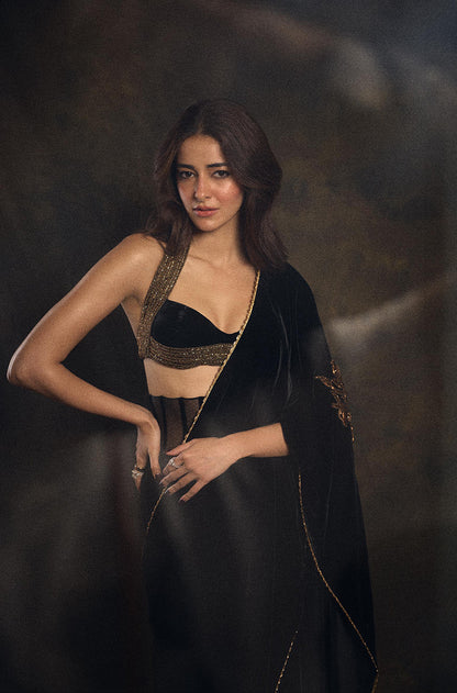 Ananya Pandey in our Black Velvet Corset Waist Stitched Saree Set