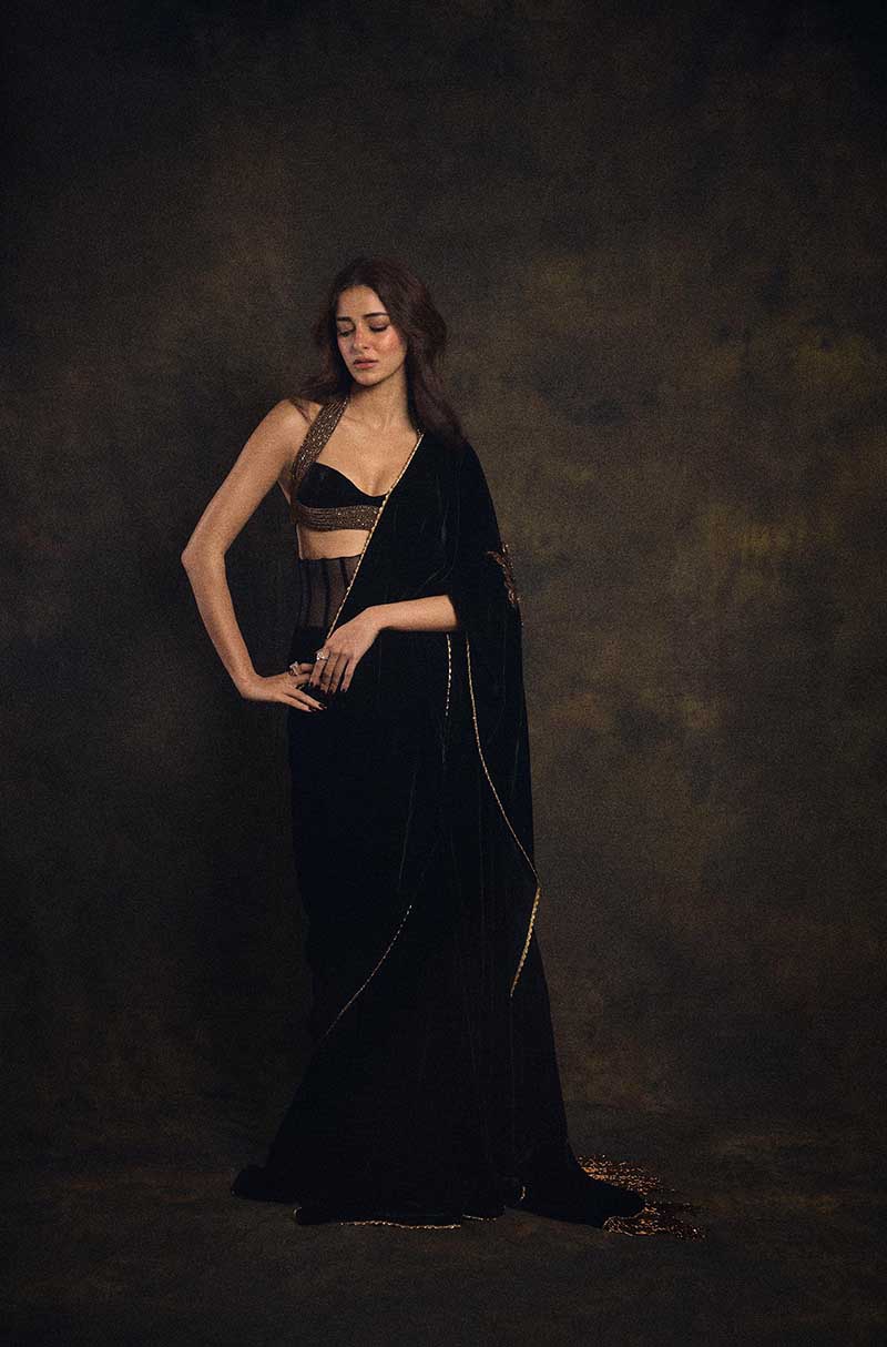 Ananya Pandey in our Black Velvet Corset Waist Stitched Saree Set