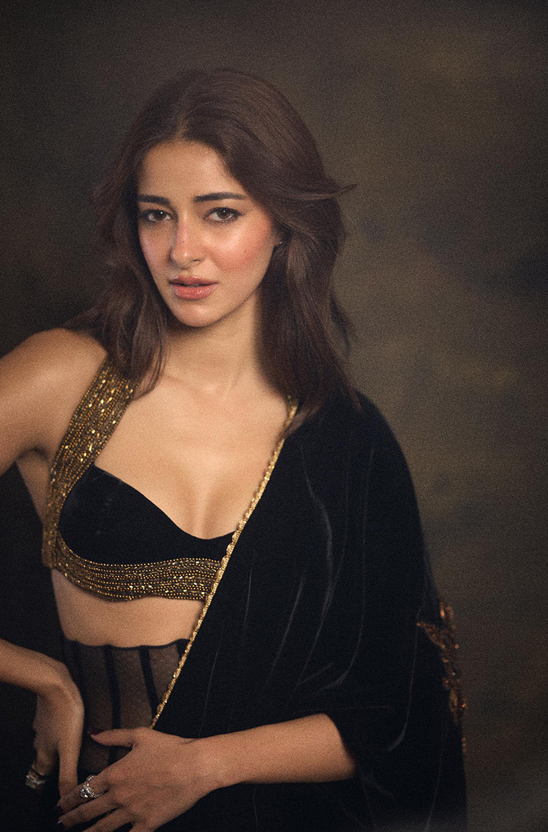 Ananya Pandey in our Black Velvet Corset Waist Stitched Saree Set