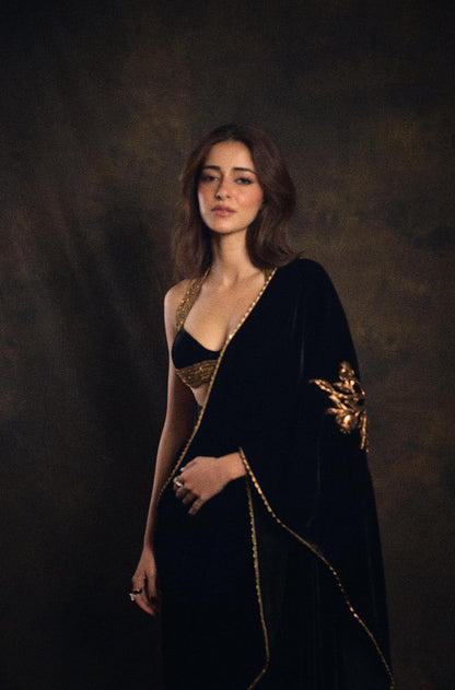 Ananya Pandey in our Black Velvet Corset Waist Stitched Saree Set